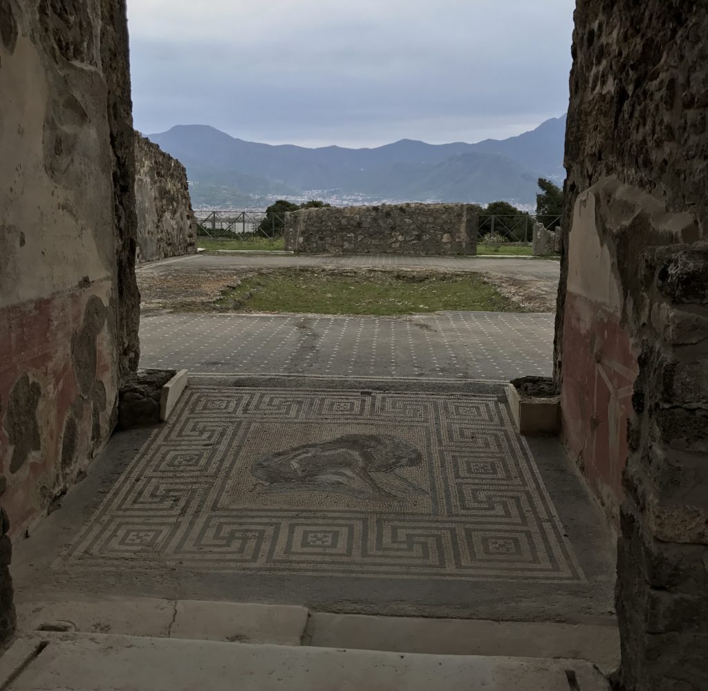 House with a view. The entrance is decorate with mosaic of an lion like animal.