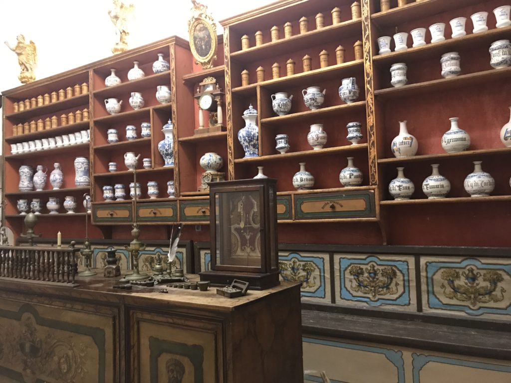 A few tools and the ornate 14th century pharmacy desk. 