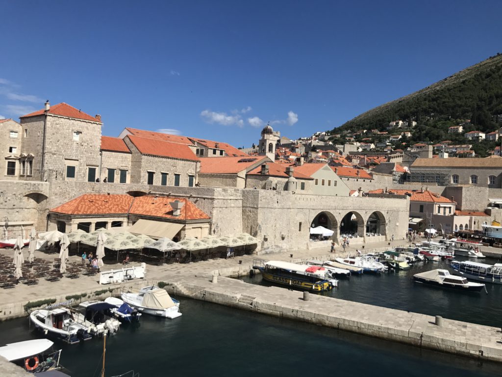 Looking at small Old port of Dubrovnik on arrival by water. From here There is a ferry to the island and small boats. The new port for cruise ships is further out. 