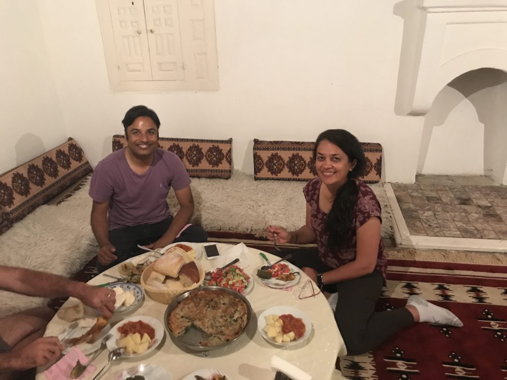 Our vegetarian/vegan dinner consisted of traditional Turkish-Kosovo food - salad, homemade white cheese, bread, spinach burek, roasted peppers, potatoes with tomato curry and cucumber pickles. 