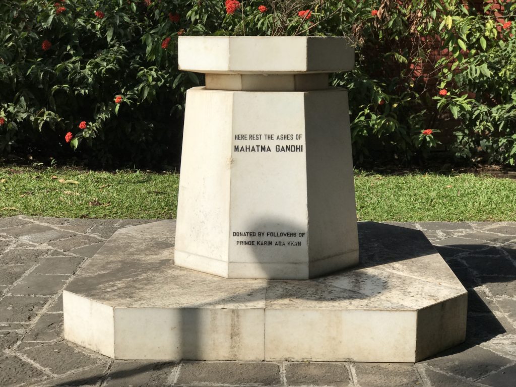 Gandhiji’s ashes are placed near Kasturba and Mahadev‘s samadhis 