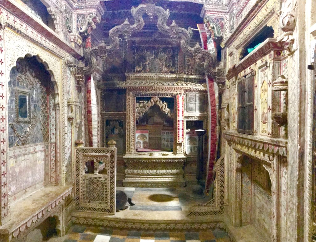 The eldest of the five brothers lived this haveli. Naturally this haveli has the family temple. The entire family would come here for prayer every day. It must have been the most ornate room and it’s still amazing! But, the statues are missing. When the Jains started leaving Jaisalmer for greener pastures in mid 1900s, they donated the statues to the temples in the Fort. Thousands of such statues now reside in the temples within the fort. 