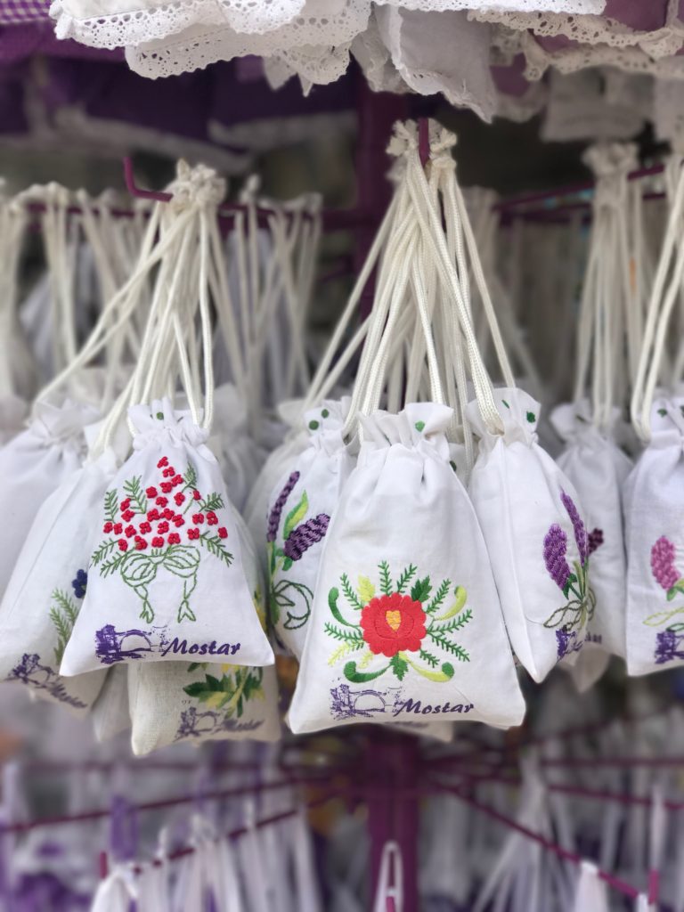 Many artisans sell pouches, bunches, dolls etc filled with fragrant lavender on streets of Old Town of Mostar