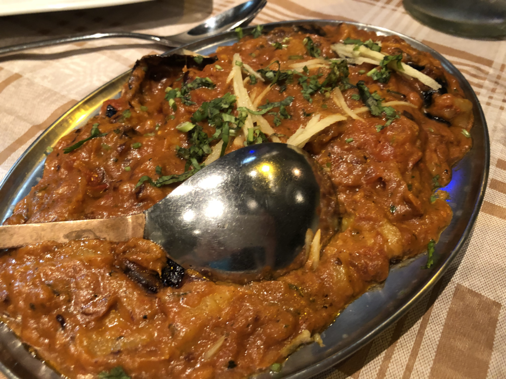 A deliciously creamy eggplant curry in Shiva’s Indian Cuisine in St Julian’s, Malta.