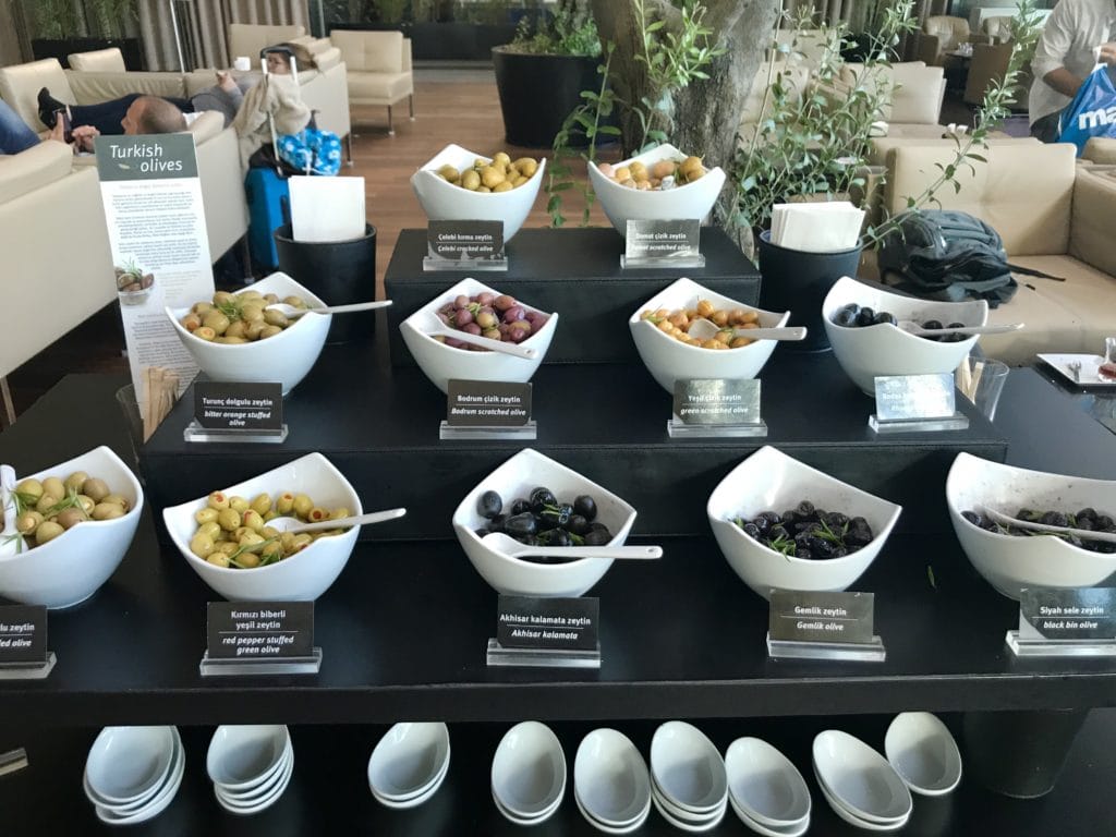 About a dozen unique flavors of olives are attractively displayed in the Turkish Air Lounge. The attention to detail with the small serving dishes, cutlery and wooden mini tongs add to the presentation and practicalities.