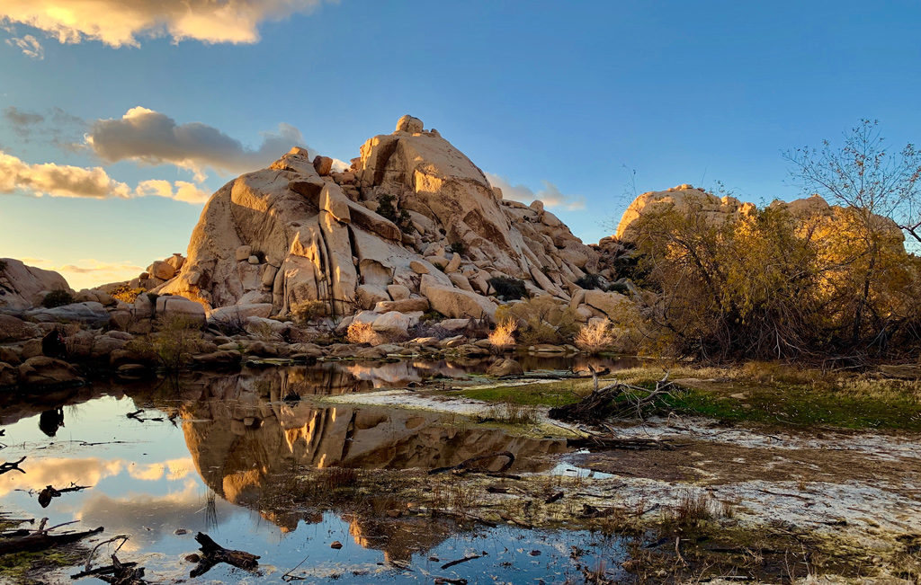 A colorful sunset at Barker Dam in Joshua Tree National Park