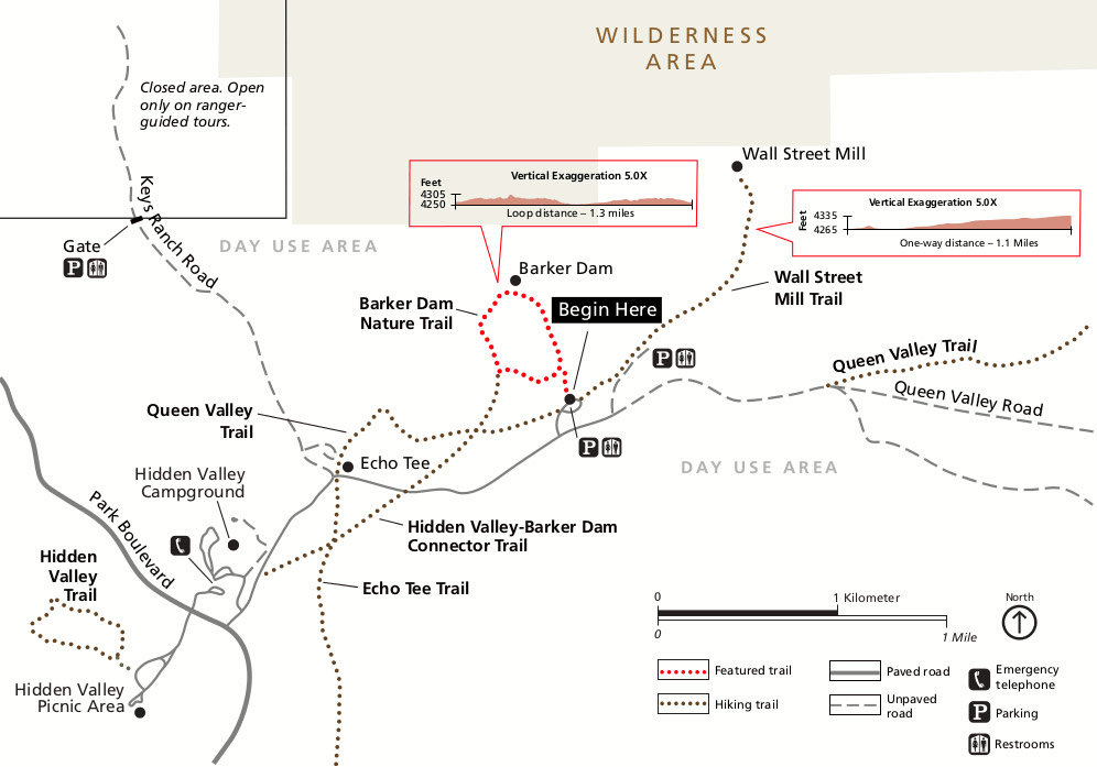 Barker Dam and Wall Street Mill trail map at Joshua Tree National Park..