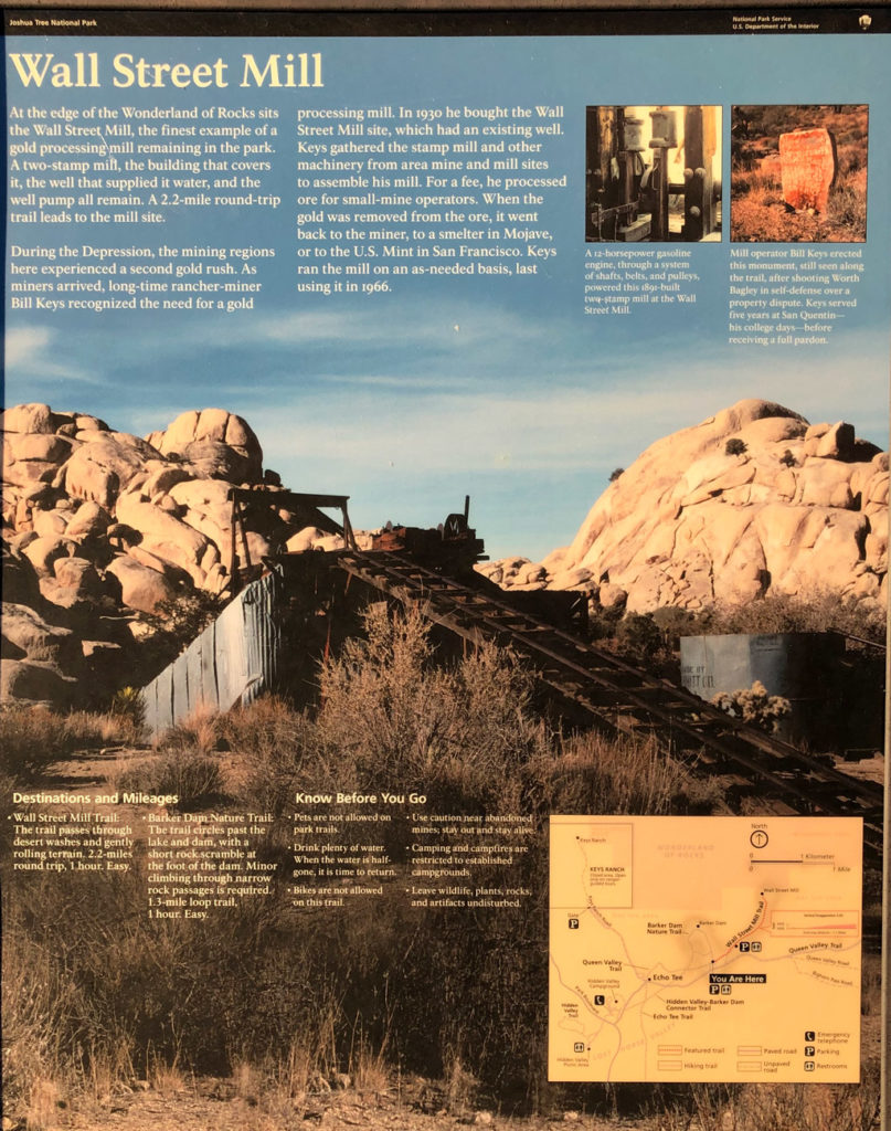 Joshua Tree National Park sign about Wall Street Mill.