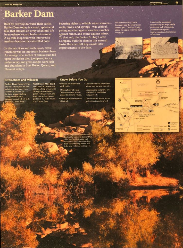 Joshua Tree National Park sign about Barker Trail