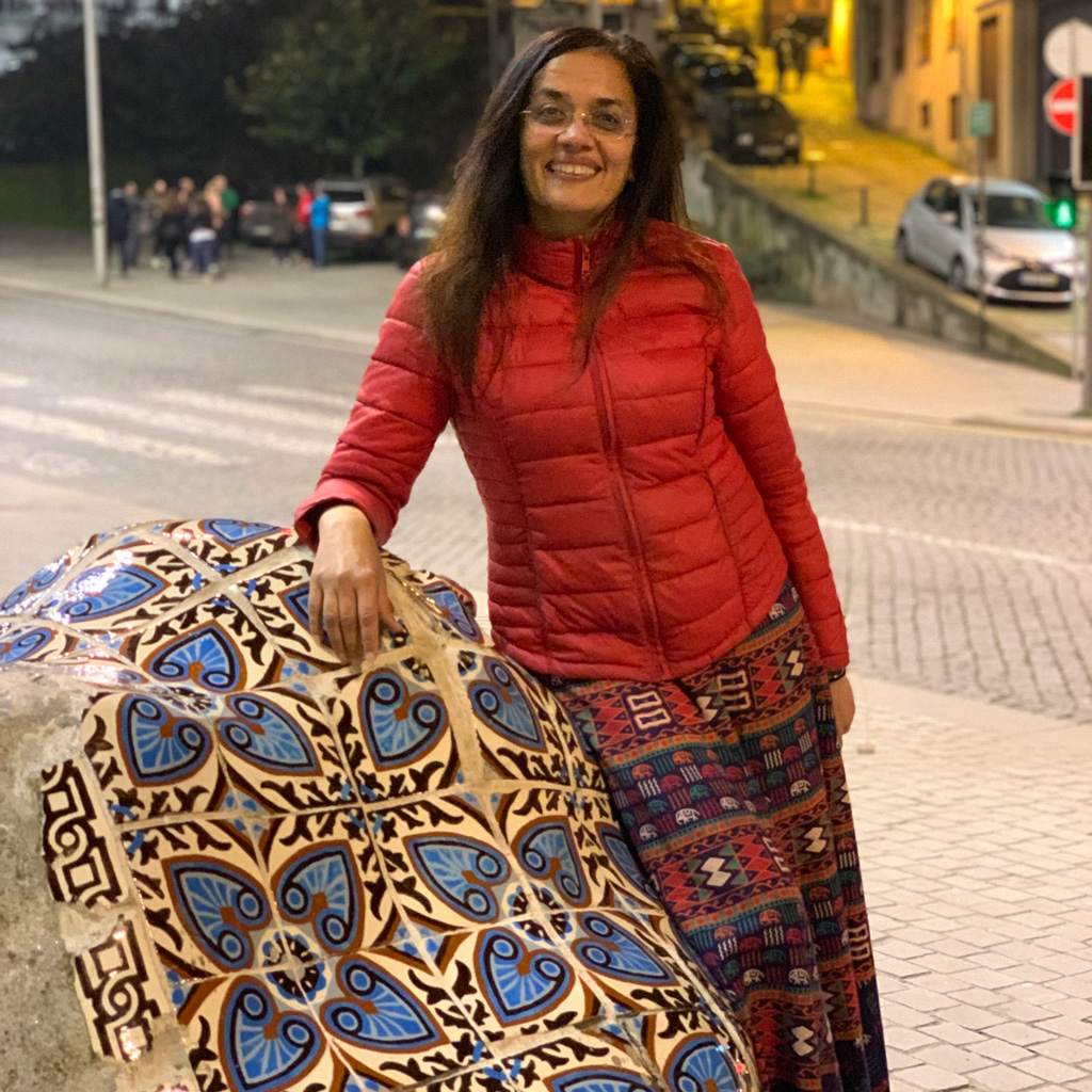 Tile designs on a rock near Sao Bento train station in Porto, Portugal