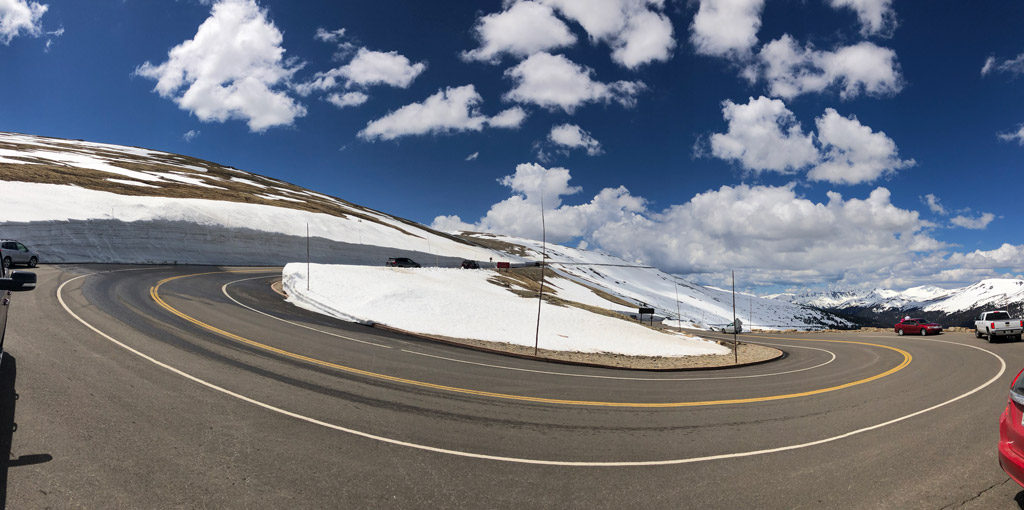 Medicine Bow Curve hair-pin turn on Trail Ridge Road in Rocky Mountain National Park in Colorado.