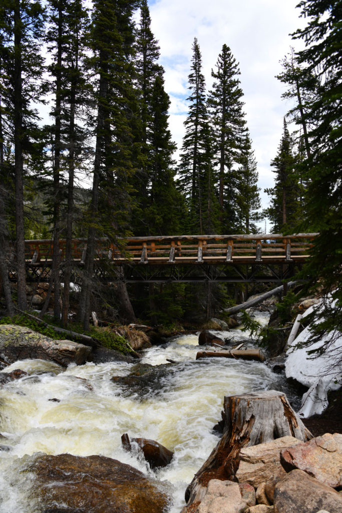 A bridge on St Vrain Creek in Wild Basin hike to Ouzel Falls.