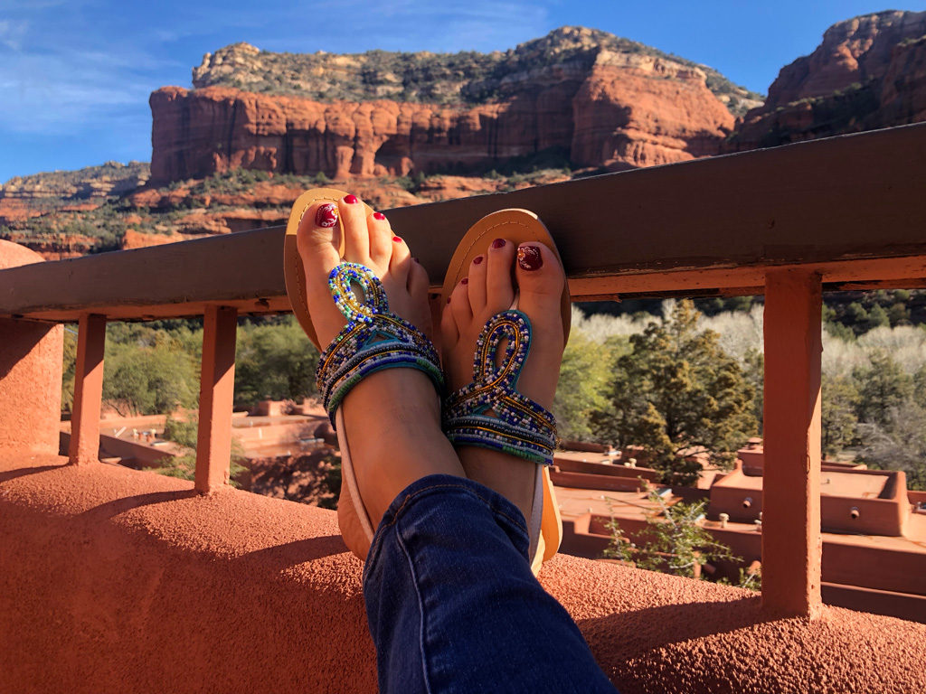 Lounging in the morning at our casita at Enchantment Resort and Mii Amo Spa