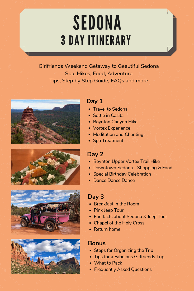 If you’re looking for an itinerary or things to do in Sedona, Arizona, this post is for you. It has a detailed 3-day itinerary from our girlfriend weekend getaway with red rock hikes, jeep tour, spa retreats, awesome food. The trip is perfect for 50th or 40th birthday party celebration, anniversary celebration, wedding party, family reunion or girls getaway.