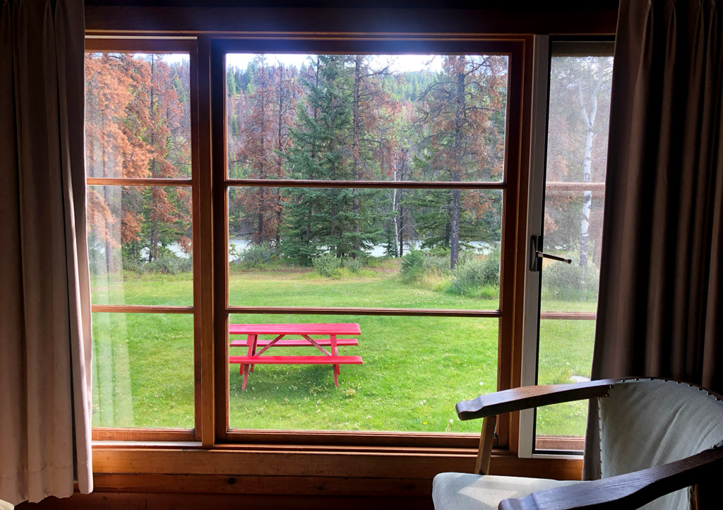 Our backyard in Jasper house bungalows looking down to the Athabasca River.