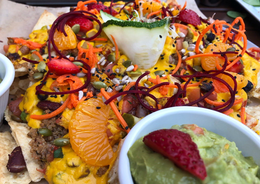 Nachos at Nourish Bistro in Banff, a stop for every vegan visiting the Canadian Rockies.