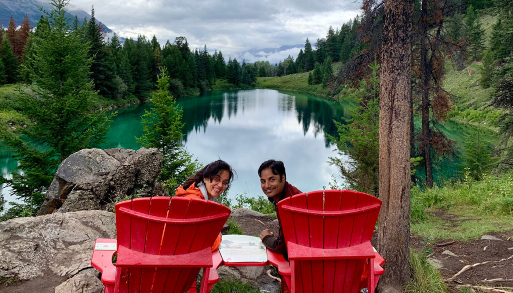 The famous red chairs in the Valley of Five Lakes in Jasper National Park.