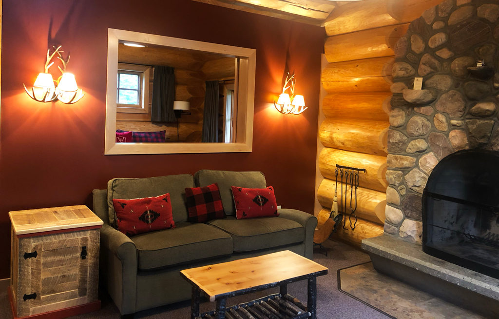 View from the living room into the bedroom at Alpine village in Jasper