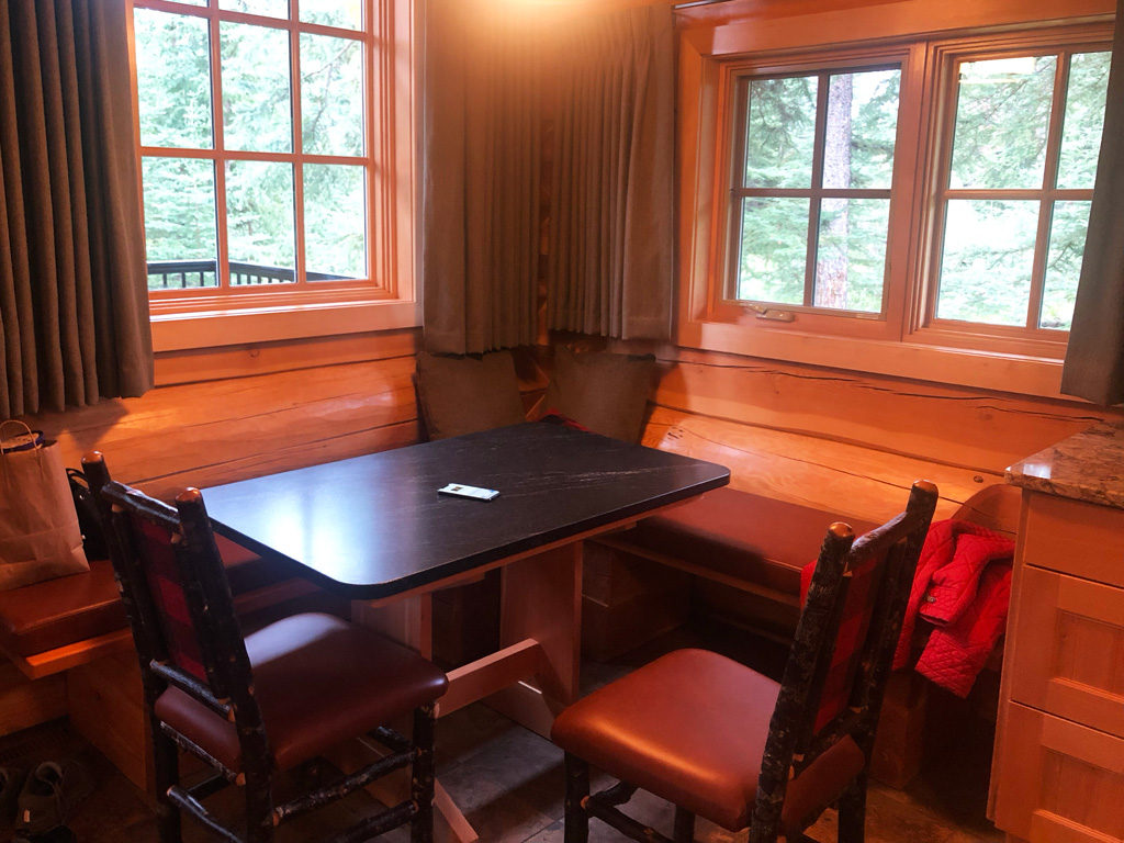 A cozy dining area in our cabin in Alpine village in Jasper.