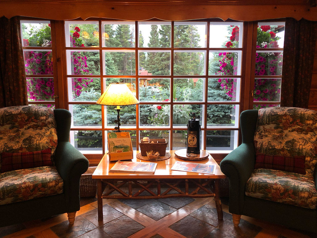 The lobby of Alpine village in Jasper looks inviting and cozy especially because of the drizzle outside.