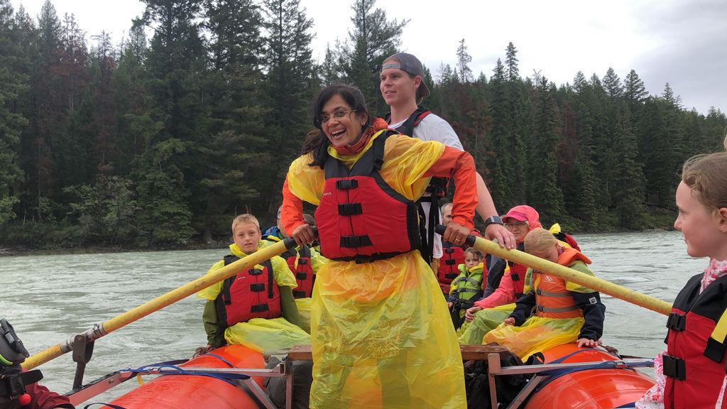 A fun river float on the Athabasca river in Jasper National Park when touring Canadian Rockies.