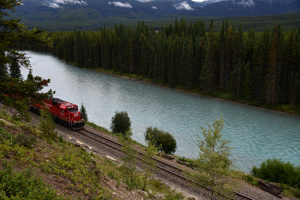 The quintessential red train in the Canadian Rockies.