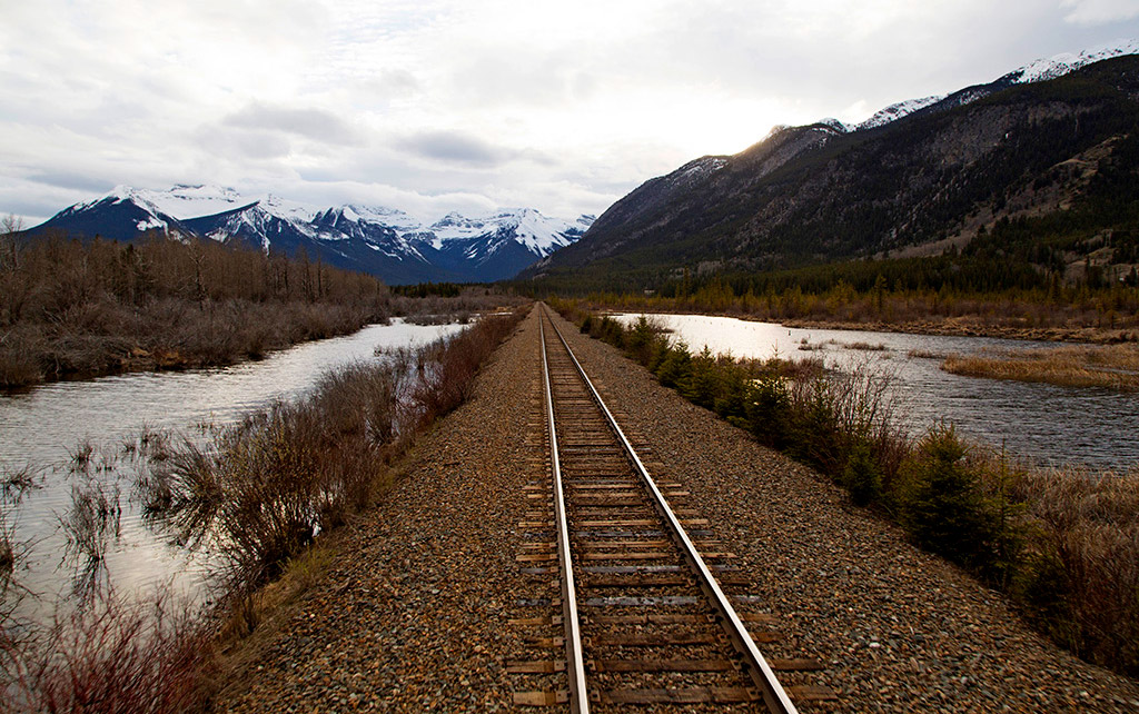 Rocky mountaineer train tracks in the Canadian Rockies