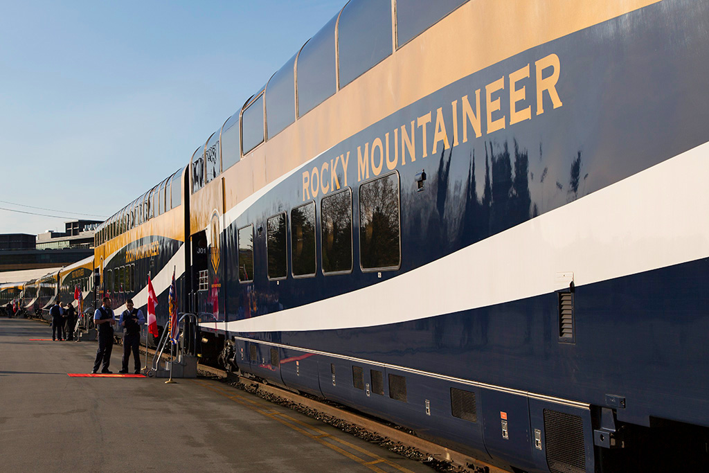 The Rocky Mountaineer at a train station