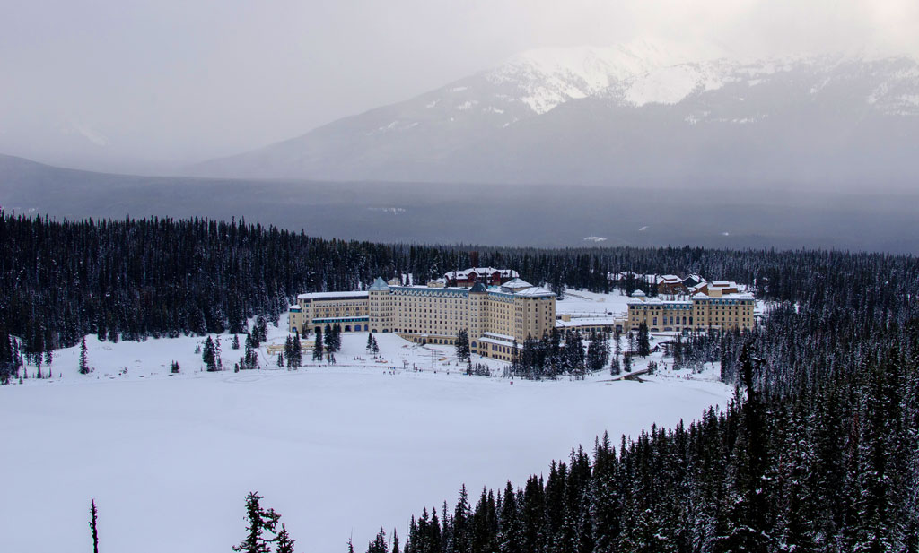 View of the Chateau Lake Louise from the Fairview lookout trail in Banff, Alberta, Canada