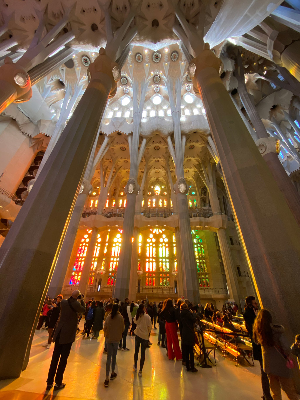 Magical sunset inside La Sagrada Familia.