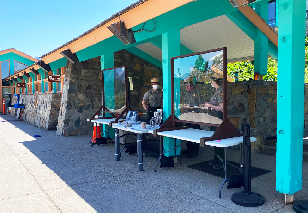 Ranger information stations were outdoors during the COVID pandemic, with plastic screens.