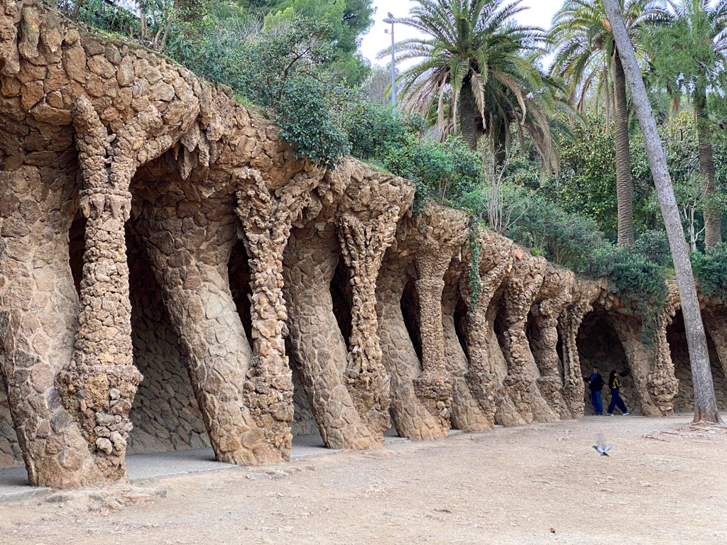 Park Güell by Antoni Gaudí - Bird nests on stone walls that imitate the trees planted on them