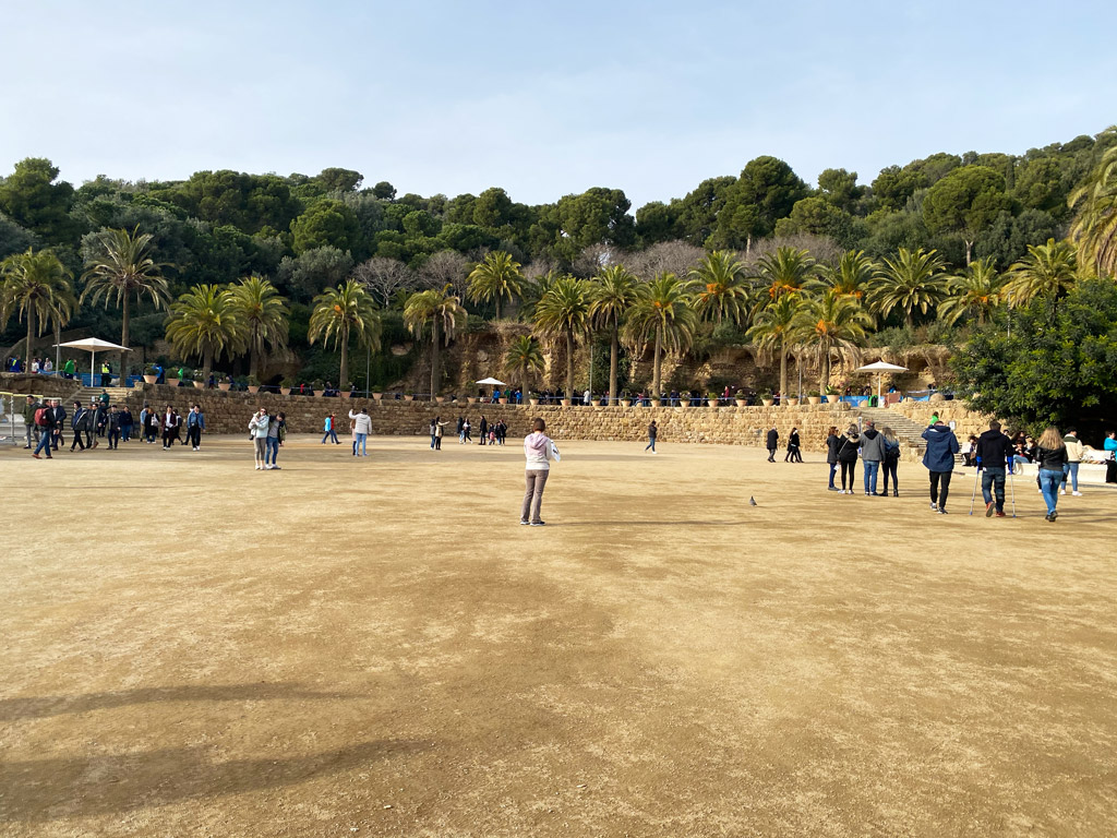 Park Güell by Antoni Gaudí - Upper terrace serpentine bench faces the open space and hills. Perfect for events.