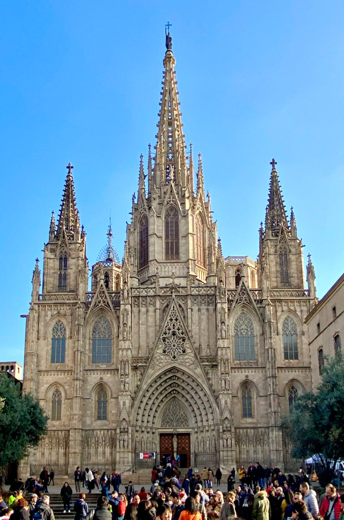 Outside facade of Cathedral of Barcelona in Barcelona, Spain. Architecture by Josep Oriol Mestres i Esplugas