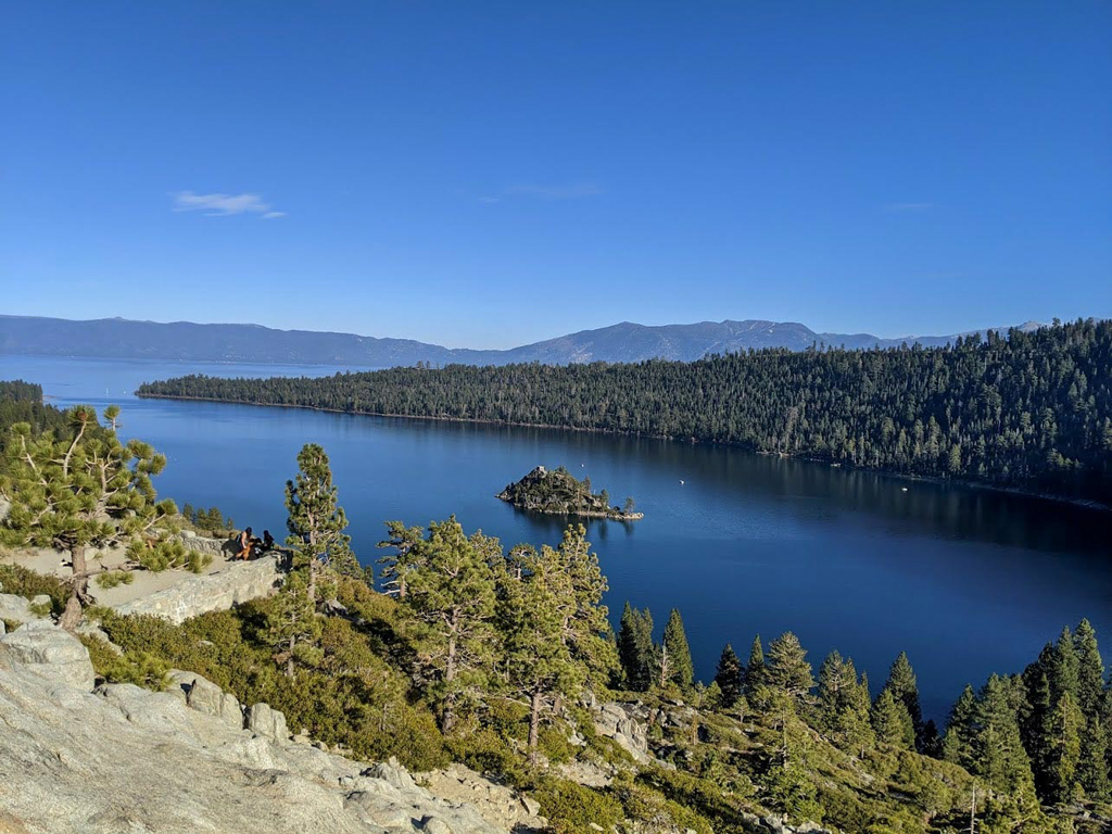 Emerald Bay and Fannette Island from Vikingsholm parking lot in Lake Tahoe, California