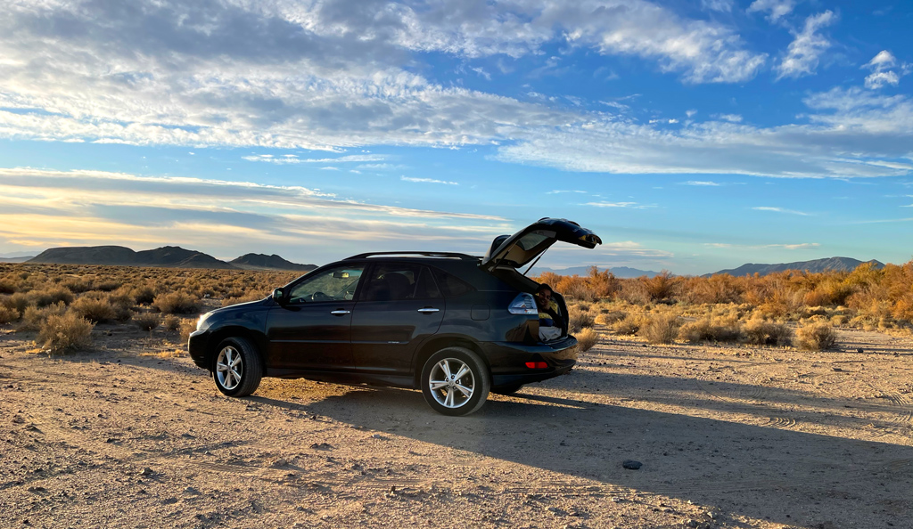 Car camping in Mojave National Preserve, California.