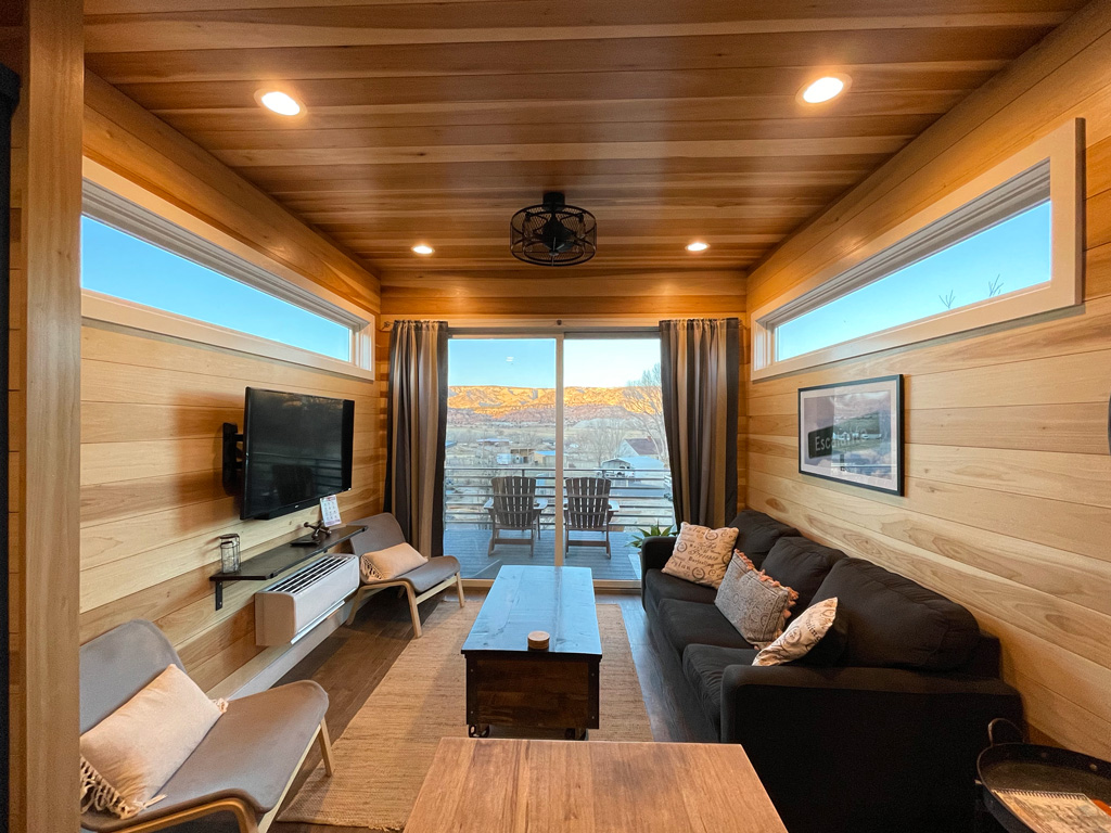 Living room in Escalante Escapes, luxury tiny home accommodation in Utah's Grand Staircase-Escalante National monument