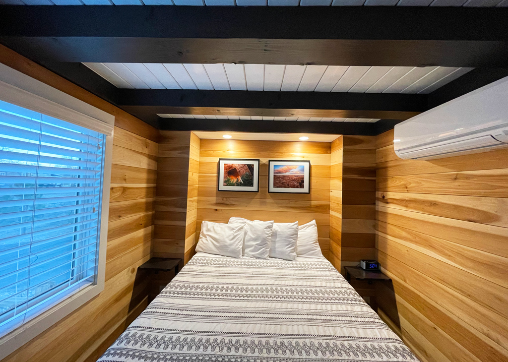 The main bedroom in Escalante Escapes, luxury tiny home accommodation in Utah's Grand Staircase-Escalante National monument