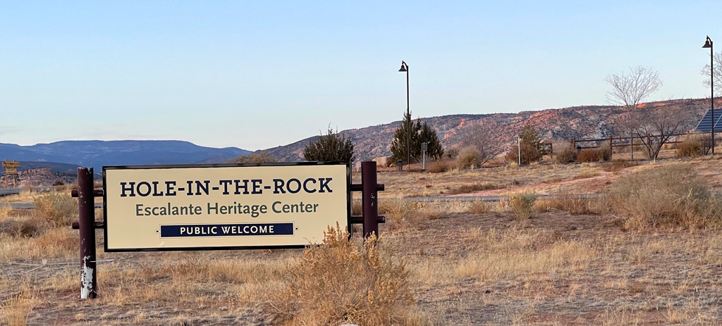 Escalante Heritage Center sign on highway 12, just outside of Escalante, Utah.