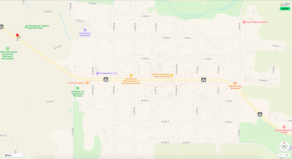 Maps of Escalante town in Utah. shows the Mormon style of town layout. 