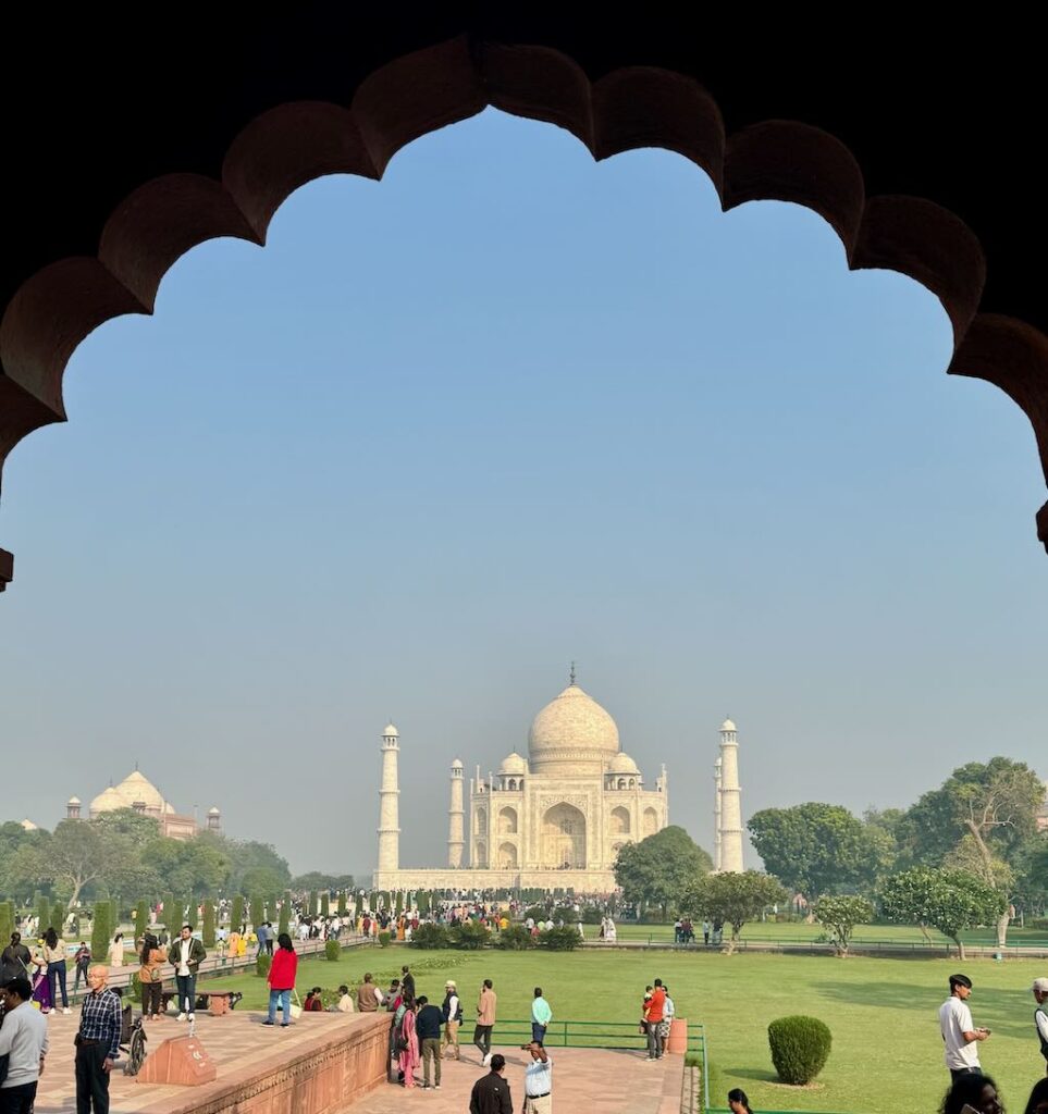 Taj Mahal through an arch by the exit. Perfect for one last view