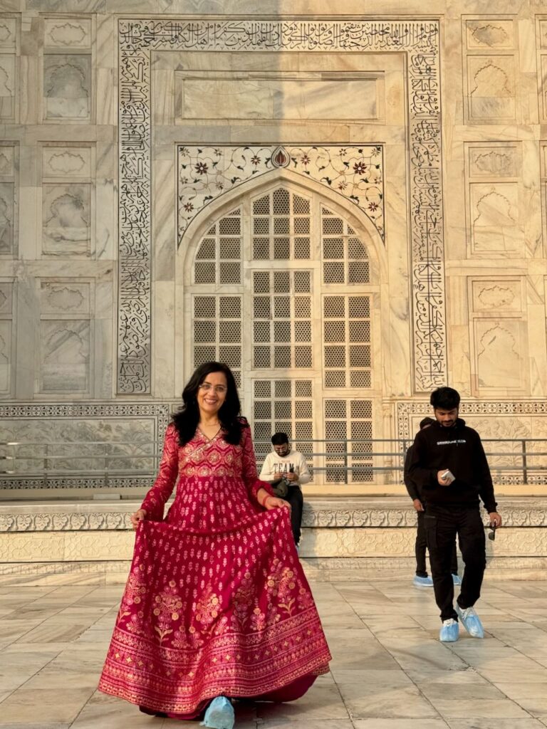 Wearing shoe covers at Taj Mahal's upper platform or mausoleum