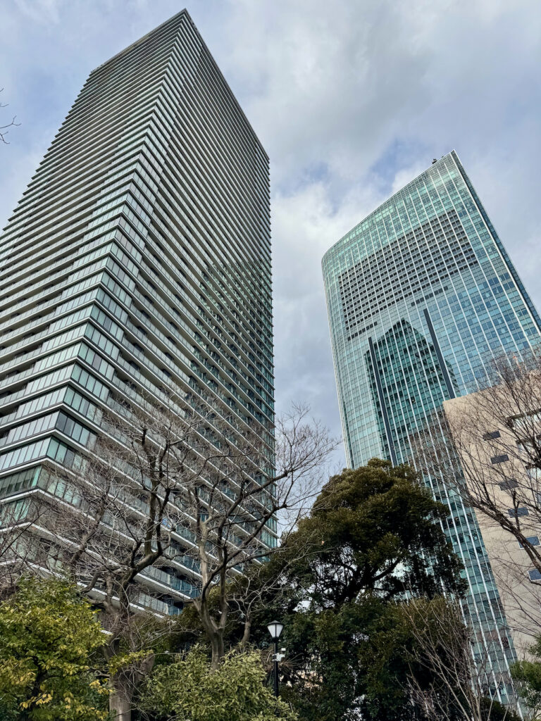 View above & right at Atago Hills - Toranomon Hills Residence Tower on the left and main Mori tower on the right