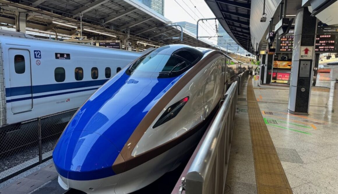 Shinkansen bullet train arriving at Tokyo station