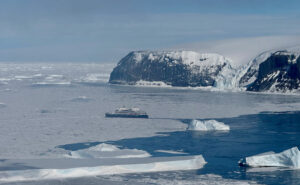 A ship equipped with an icebreaker parked near Snow Hill