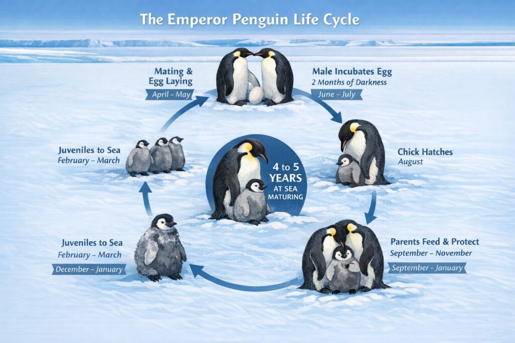 Emperor penguin lifecycle (by ChatGPT)