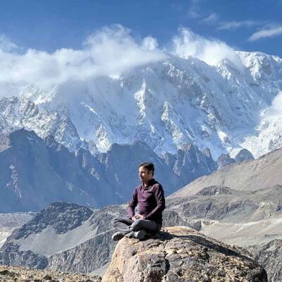 Nirmal meditating in Hunza Valley, Pakistan