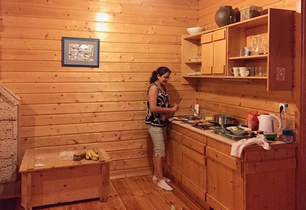 Jyoti cooking an improvised plant-based meal in a rustic wooden cottage kitchen in Jelov Klanac near Plitvice Lakes, Croatia.