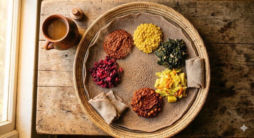 An Ethiopian injera spread, fasting menu is the magic phrase. Image created with AI for illustration