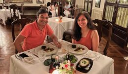 Nirmal and Jyoti at dinner in the historic Hotel das Cataratas dining room, Iguaçu National Park, Brazil. The kitchen prepared a special plant-based menu for the evening.